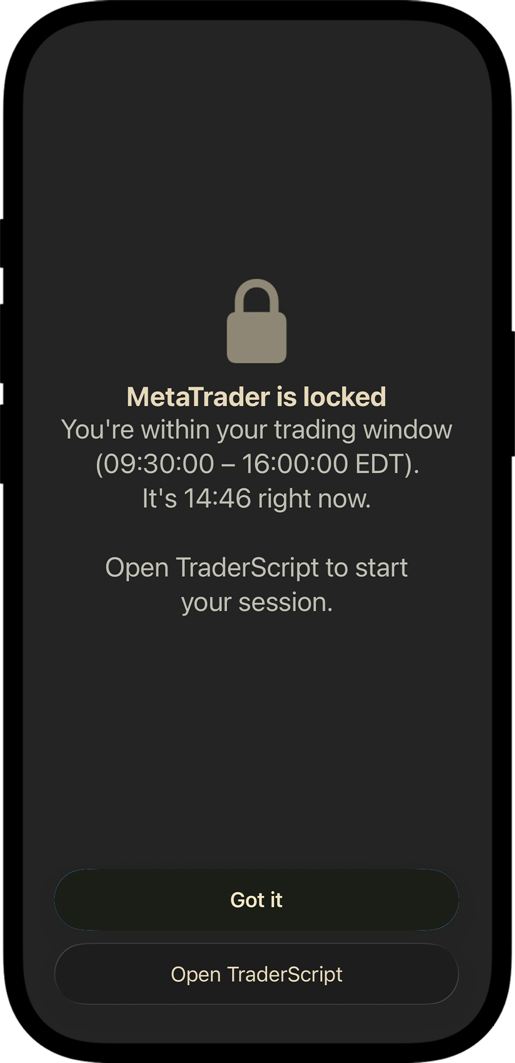 Phone displaying MetaTrader is blocked